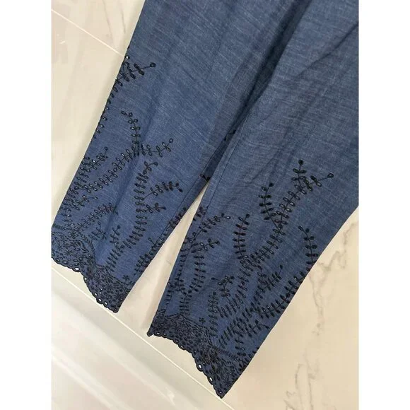 Yigal Azrouel Pants Lightweight Eyelet Trousers Blue Black Embroidery Size 6